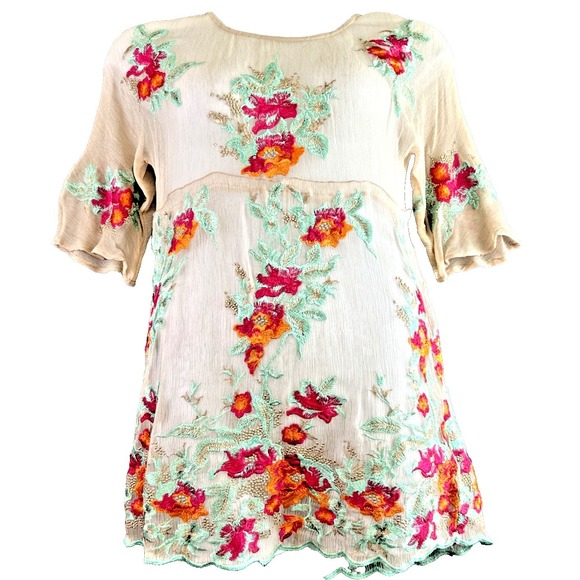 Soft Surroundings Tops - Soft Surroundings XS Mariella Silk Sheer Overlay Embroidery Floral Top Cottage